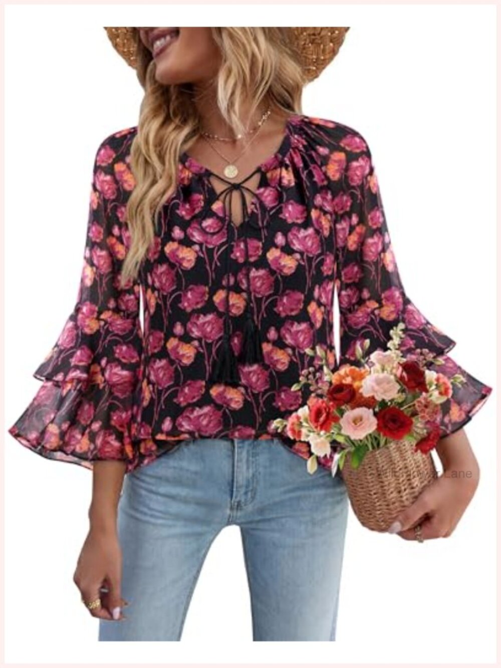 Women's Boho Floral Chiffon Blouse V Neck Ruffle Sleeve Tassel Tie Front Top